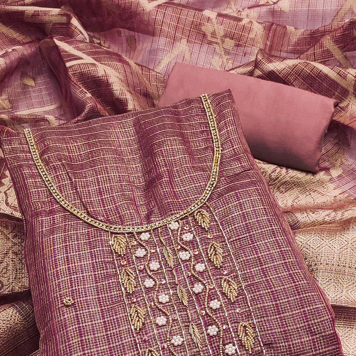 Mauve Floral Handwork With Woven Viscose Dress Material