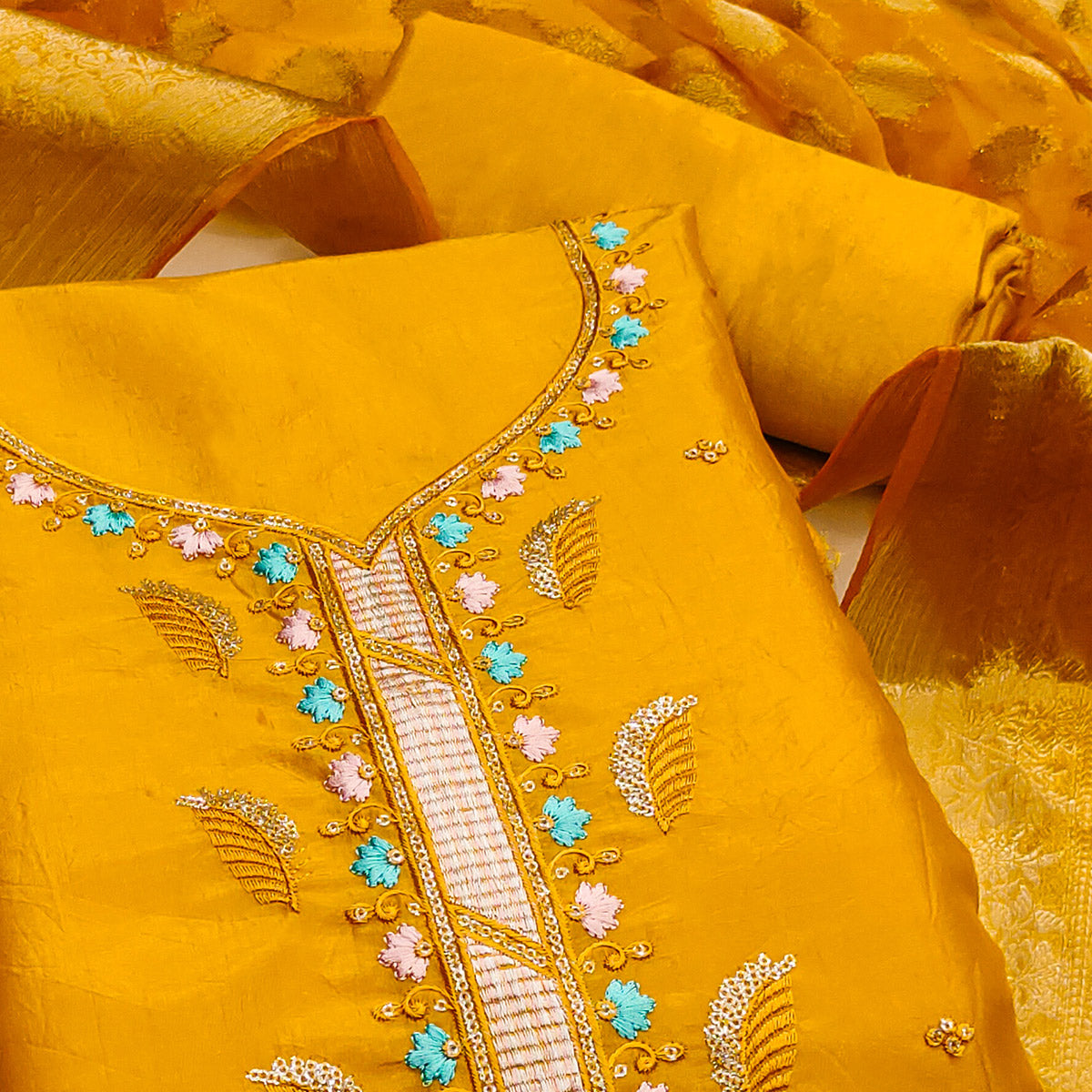 Mustard Floral Sequins Embroidered Viscose Dress Material