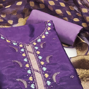 Violet Floral Sequins Embroidered Viscose Dress Material