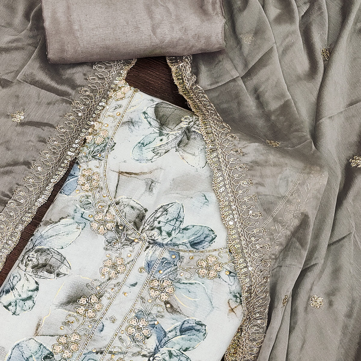 4Grey Floral Printed With Handwork Pure Cotton Dress Material