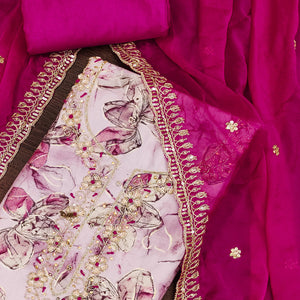 3Pink Floral Printed With Handwork Pure Cotton Dress Material