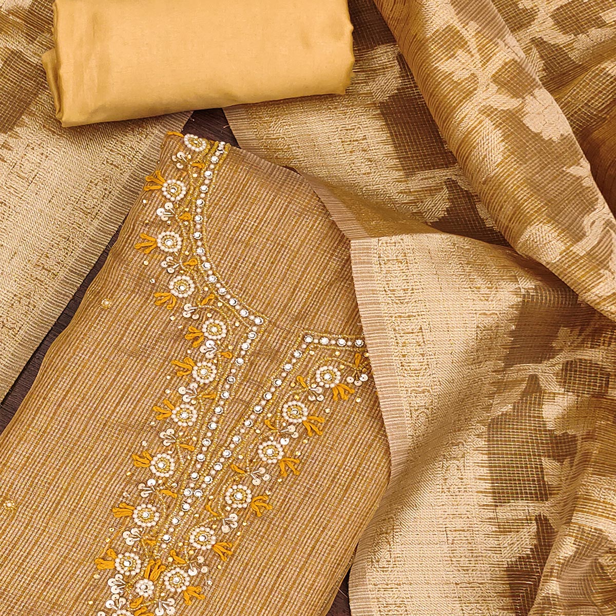 Mustard Woven With Moti Handwork Viscose Dress Material