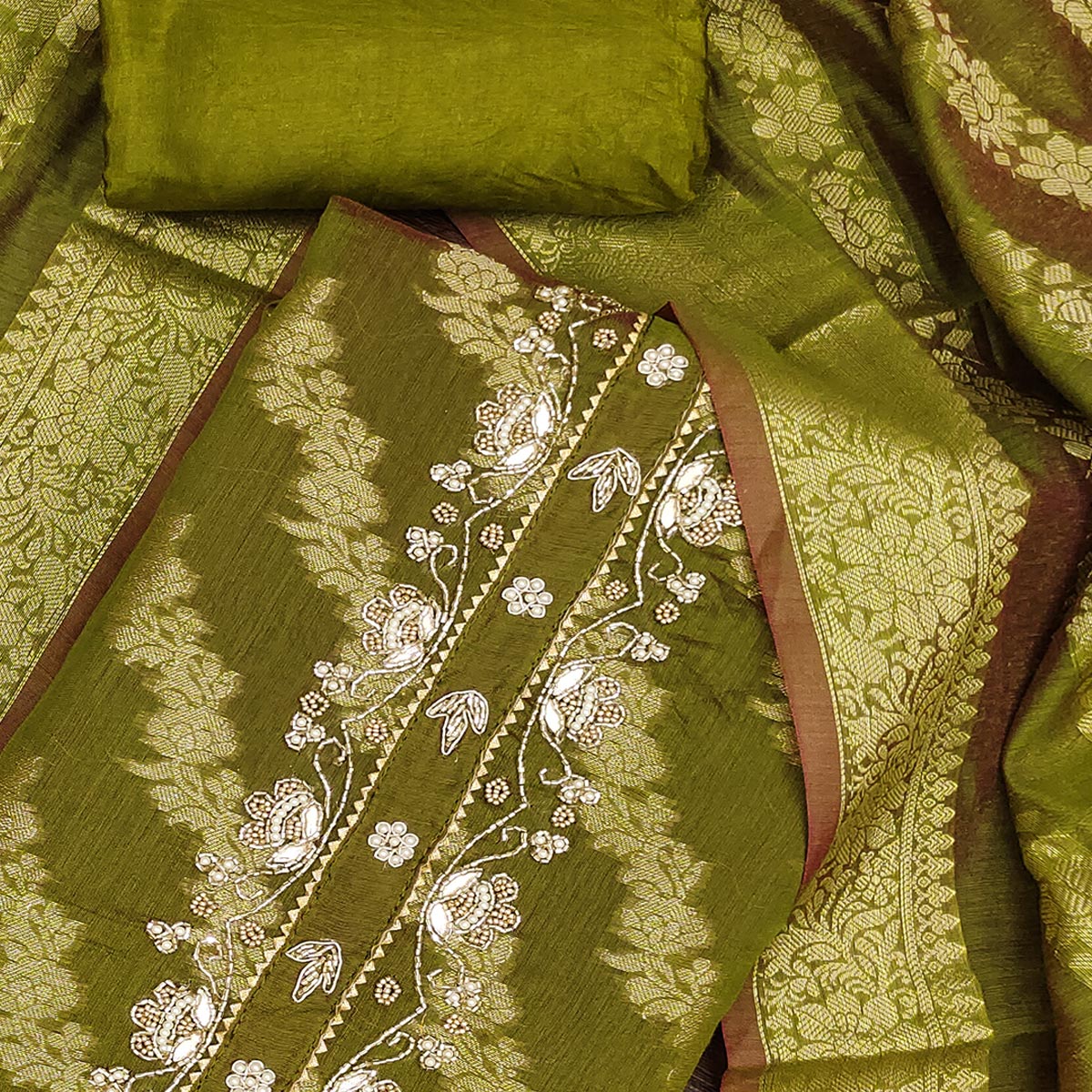 Green Floral Woven With Handwork Banarasi Silk Dress Material