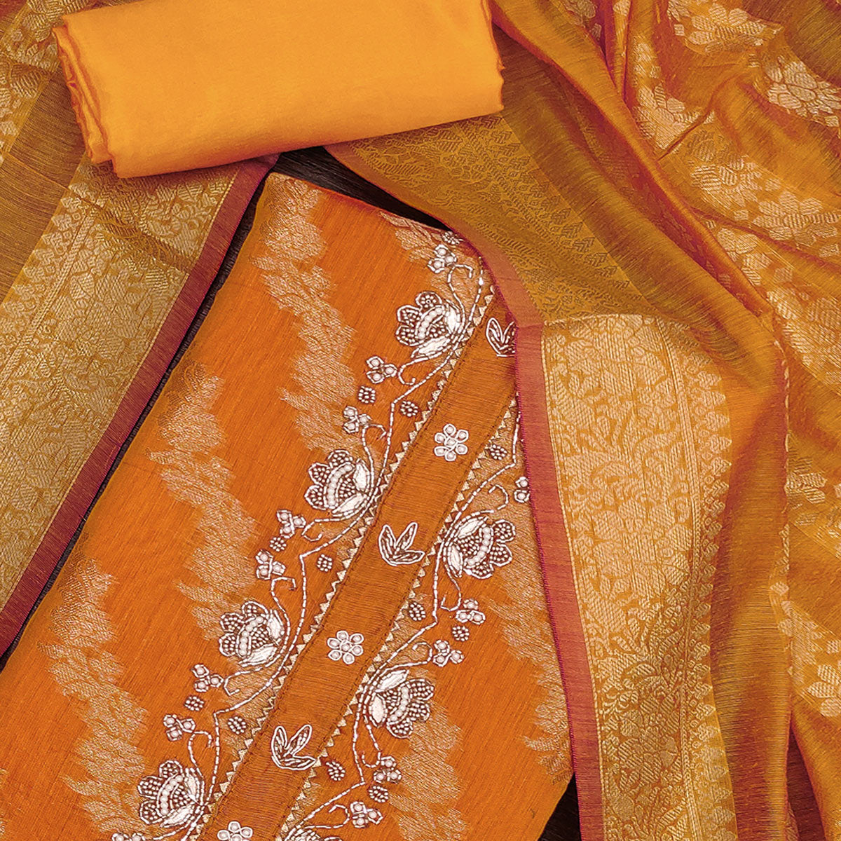 Orange  Floral Woven With Handwork Banarasi Silk Dress Material