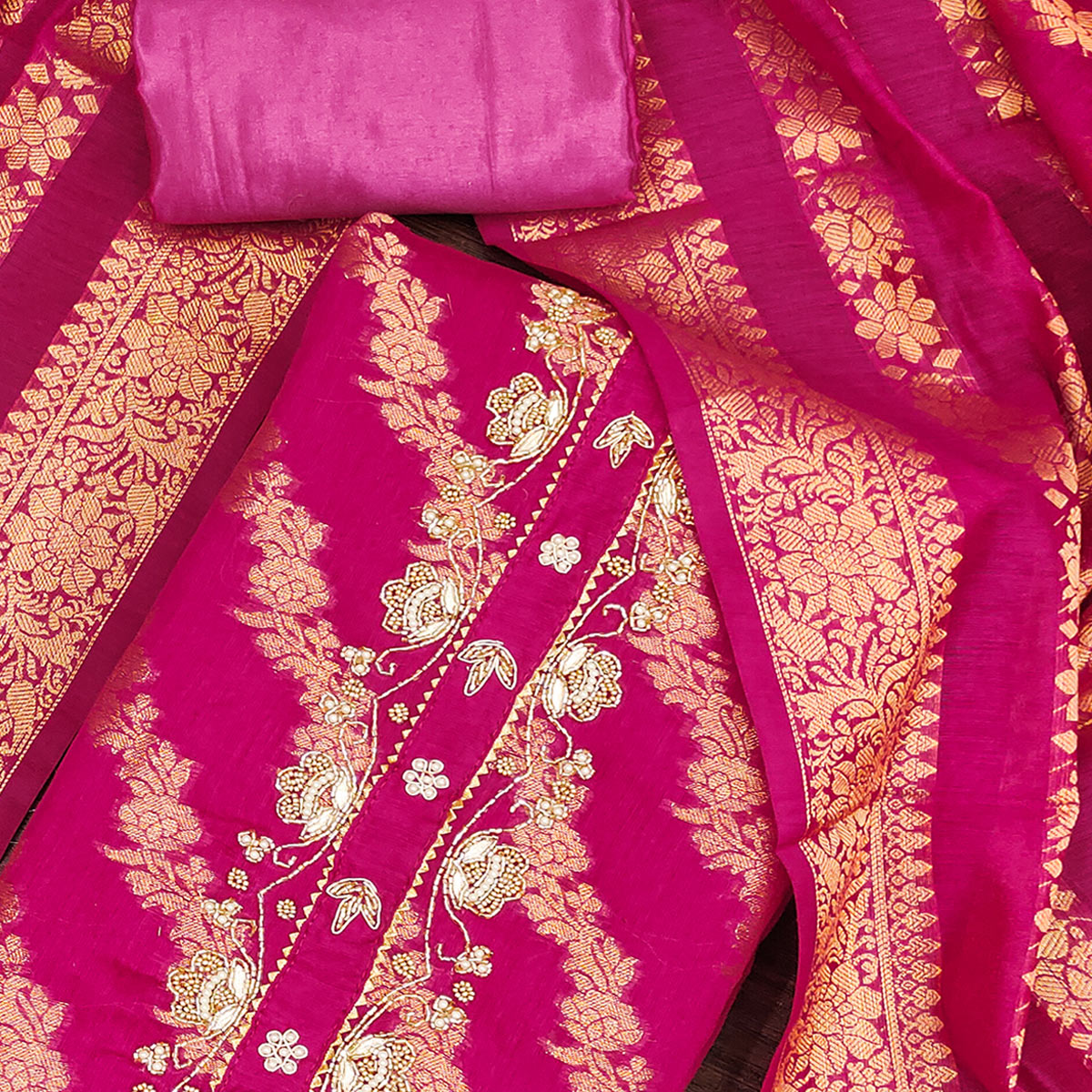 Rani Pink Floral Woven With Handwork Banarasi Silk Dress Material