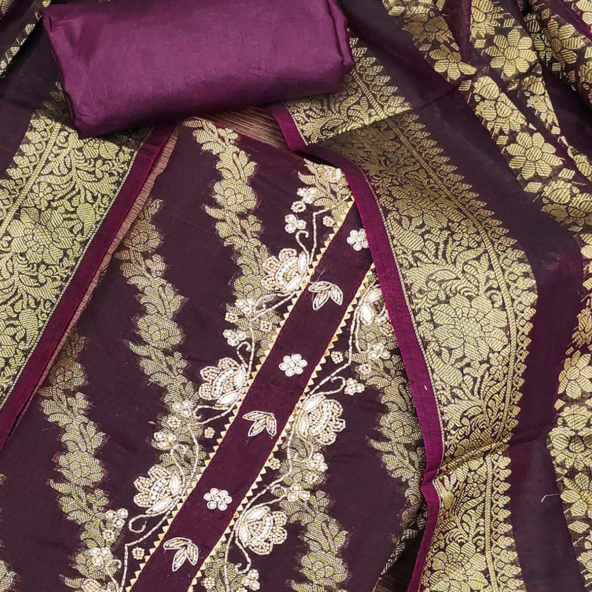 Wine Floral Woven With Handwork Banarasi Silk Dress Material