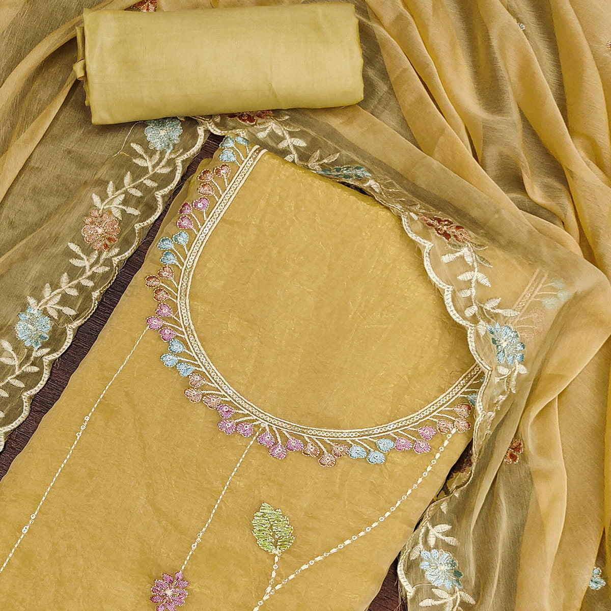 Chikoo Floral Sequins Embroidered Viscose Golden Crush Dress Material