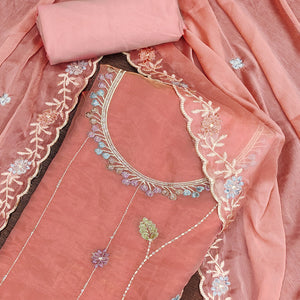 Peach Floral Sequins Embroidered Viscose Golden Crush Dress Material