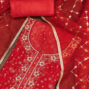 Red Floral Sequins Embroidered With Handwork Organza Dress Material