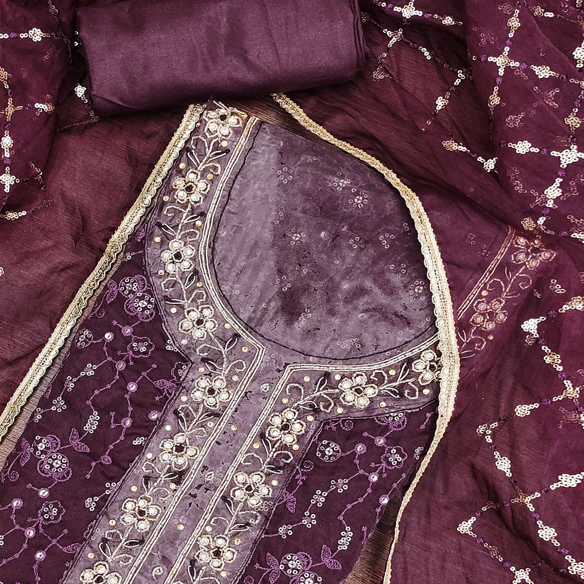 Wine Floral Sequins Embroidered With Handwork Organza Dress Material