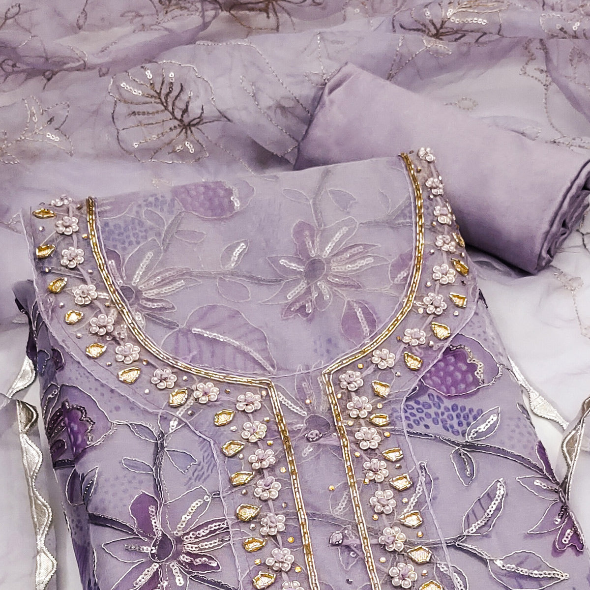 Purple Floral Sequins Embroidery With Handwork Organza Dress Material