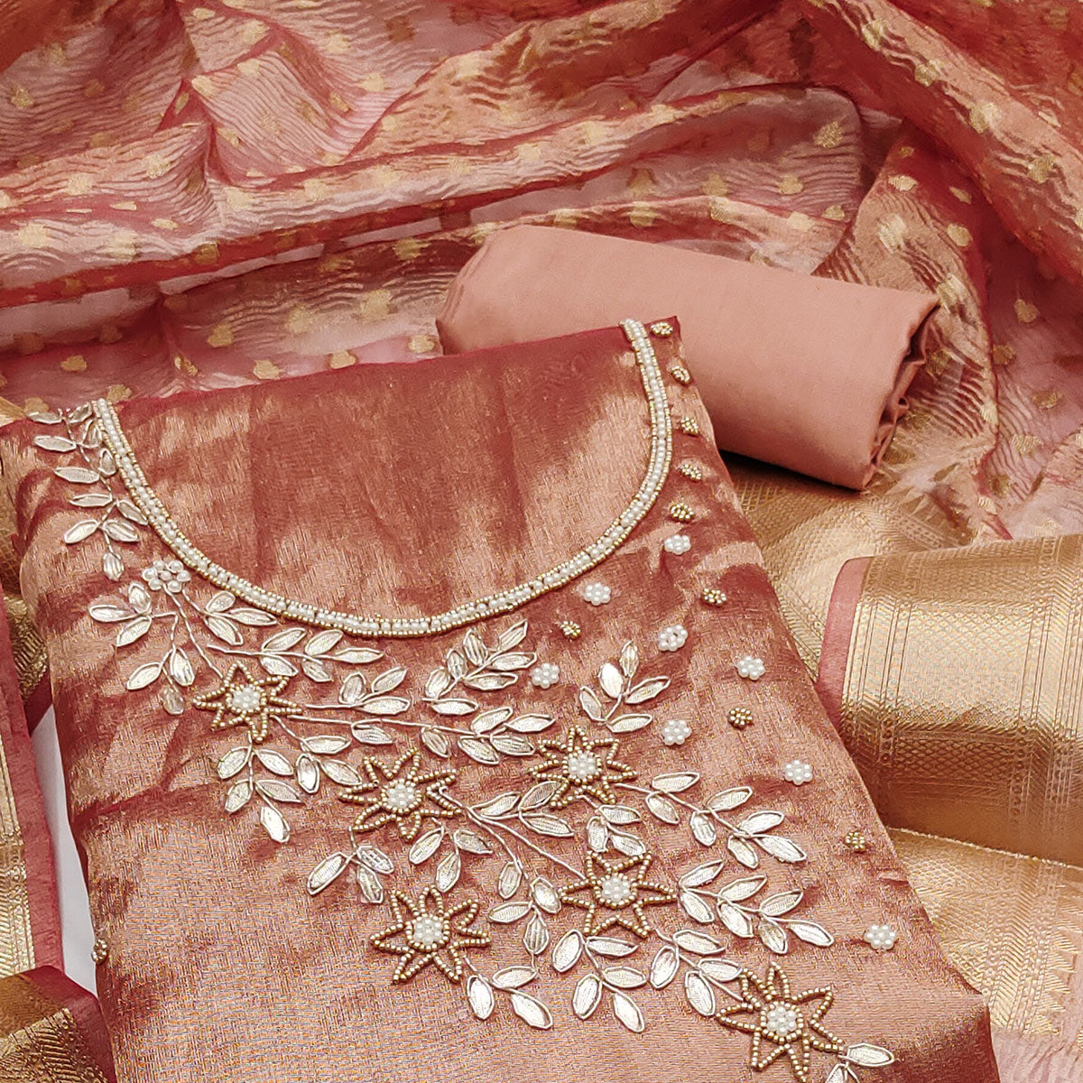 Peach Floral Moti & Gota Patti Handwork Viscose Dress Material