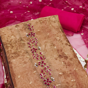 Brown Floral Printed With Handwork Shimmer Viscose Dress Material