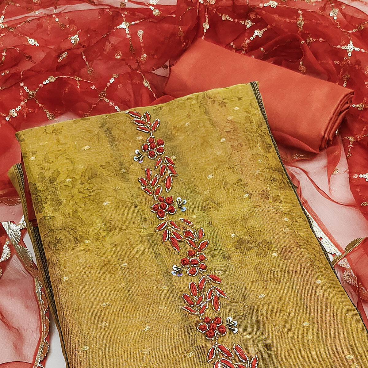 Green Floral Printed With Handwork Shimmer Viscose Dress Material