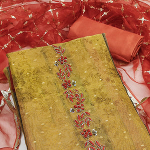 Green Floral Printed With Handwork Shimmer Viscose Dress Material