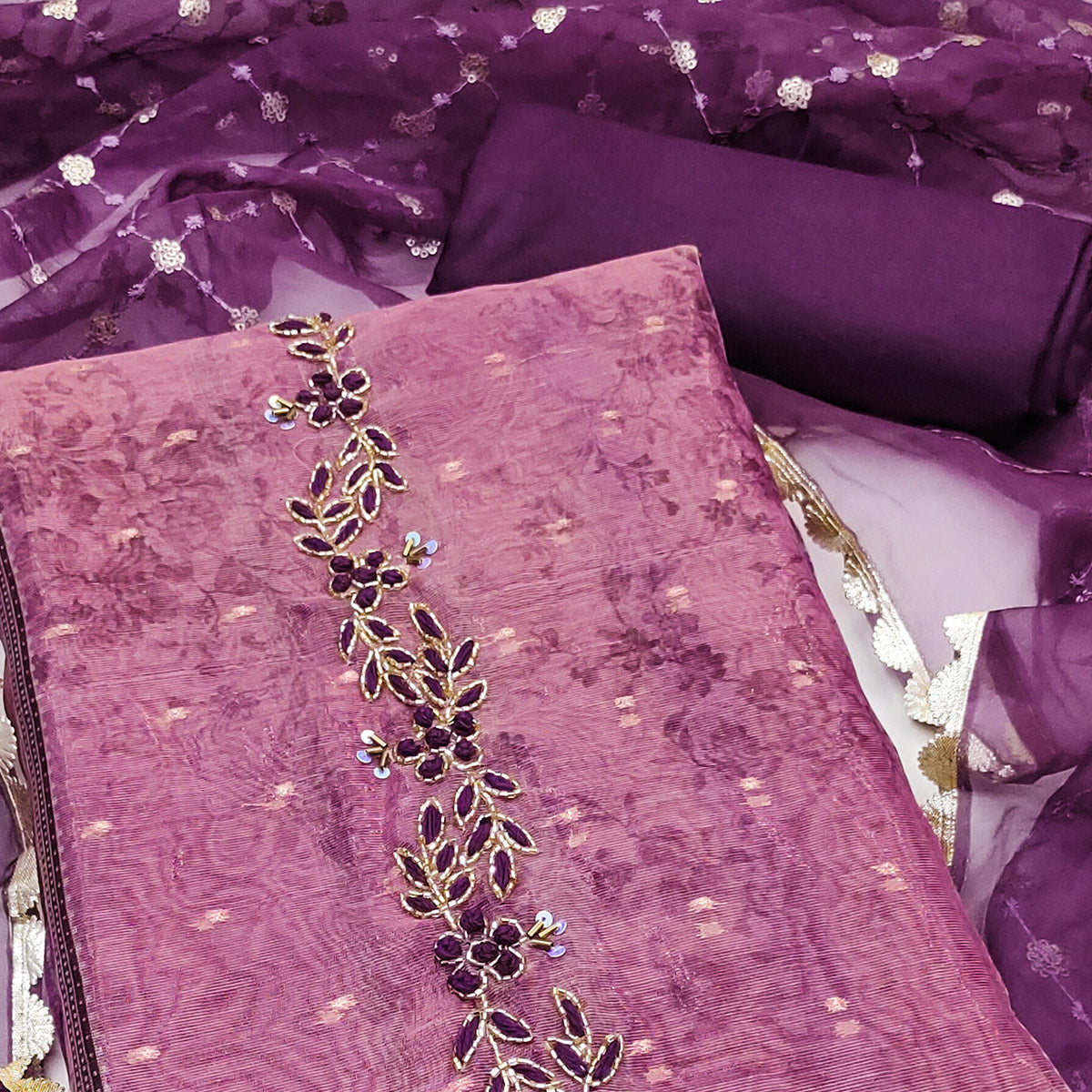 Purple Floral Printed With Handwork Shimmer Viscose Dress Material