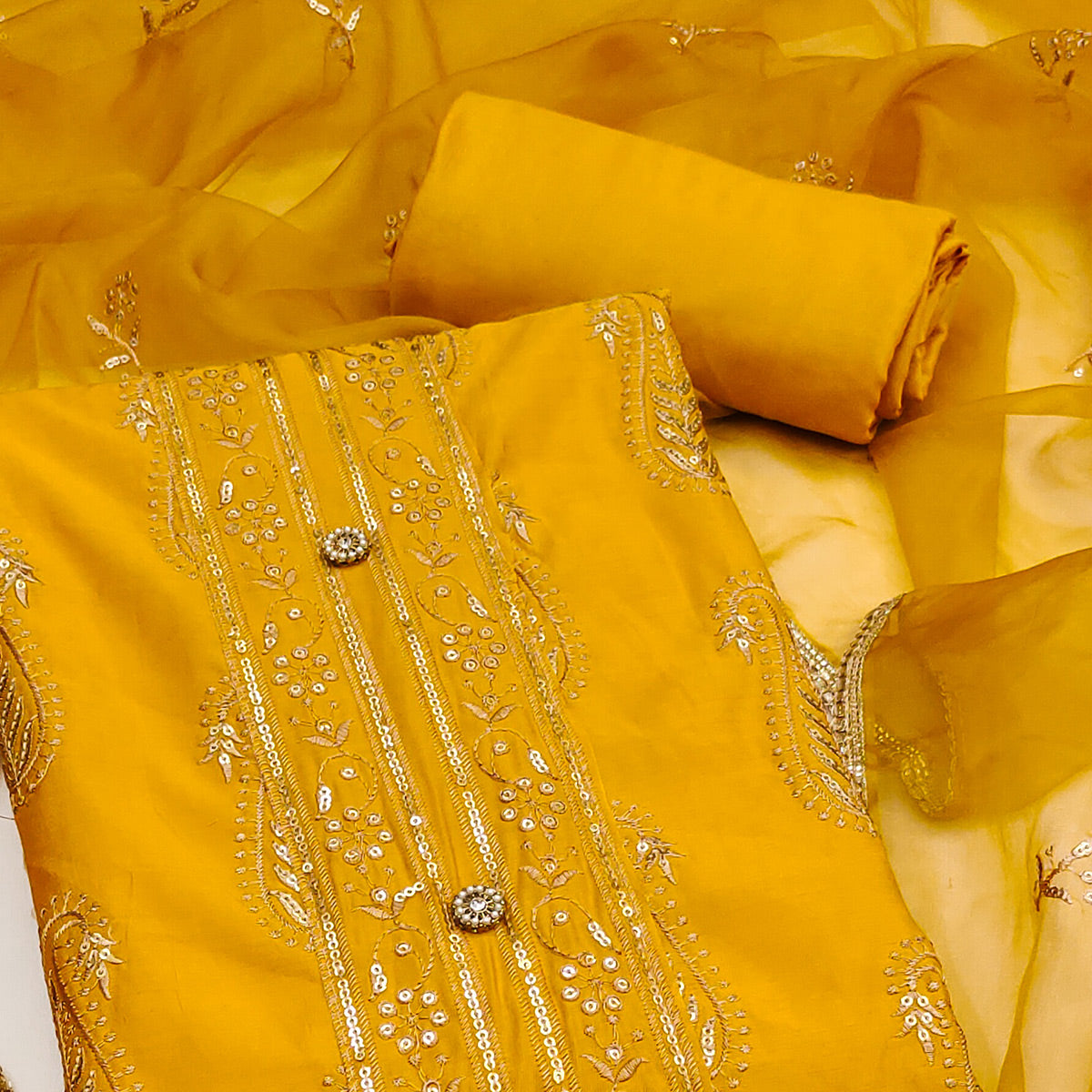 Yellow Floral Sequins Embroidered Cotton Silk Dress Material