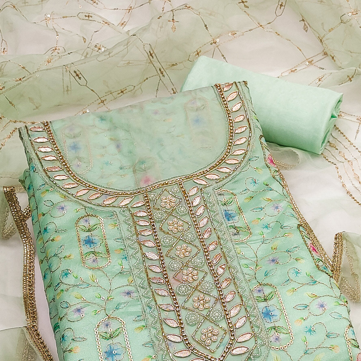 Sea Green Floral Sequins Embroidery With Handwork Viscose Dress Material