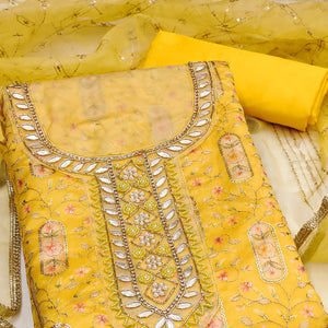 Yellow Floral Sequins Embroidery With Handwork Viscose Dress Material