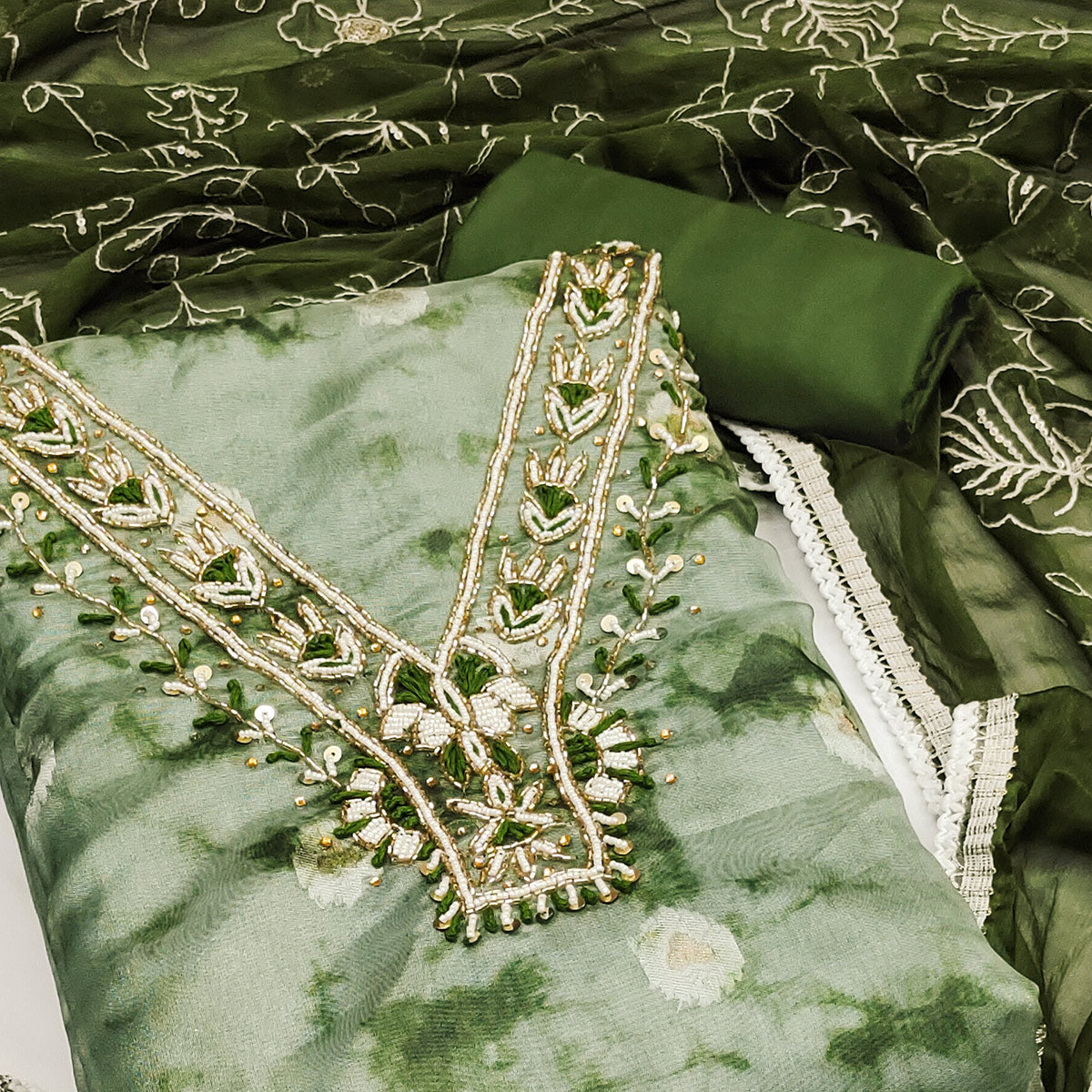 Green Digital Printed With Handwork Organza Dress Material