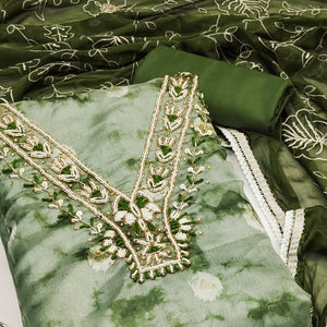 Green Digital Printed With Handwork Organza Dress Material