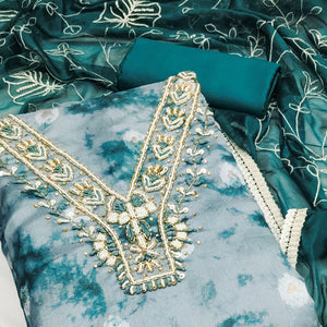 Teal Digital Printed With Handwork Organza Dress Material