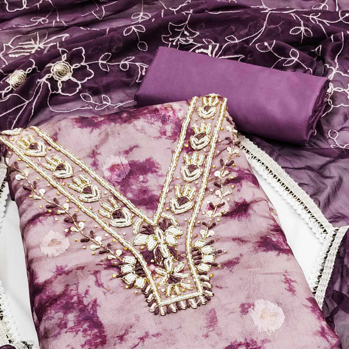 Wine Digital Printed With Handwork Organza Dress Material