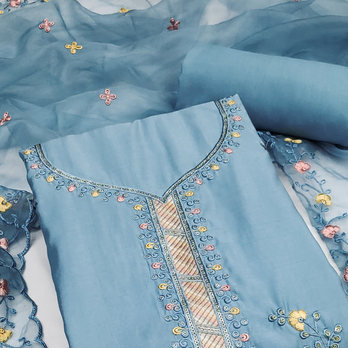 Blue Floral Sequins Embroidered Cotton Silk Dress Material