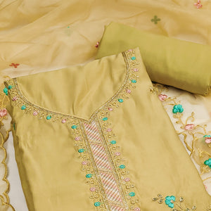 Mustard Floral Sequins Embroidered Cotton Silk Dress Material