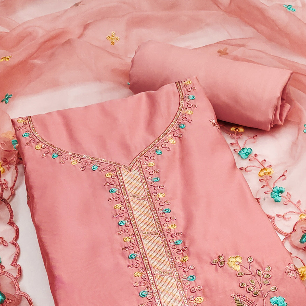 Peach Floral Sequins Embroidered Cotton Silk Dress Material