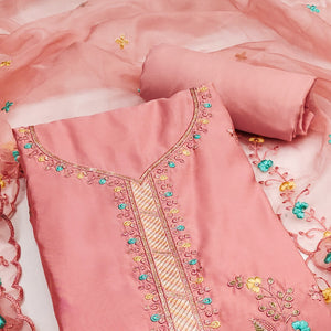 Peach Floral Sequins Embroidered Cotton Silk Dress Material