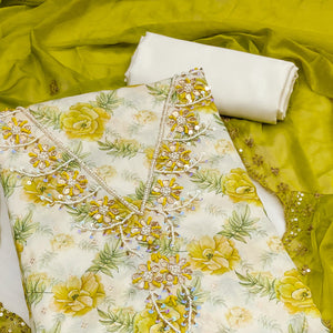 Green Floral Digital Printed With Handwork Chanderi Silk Dress Material