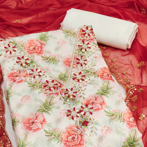 Red Floral Digital Printed With Handwork Chanderi Silk Dress Material