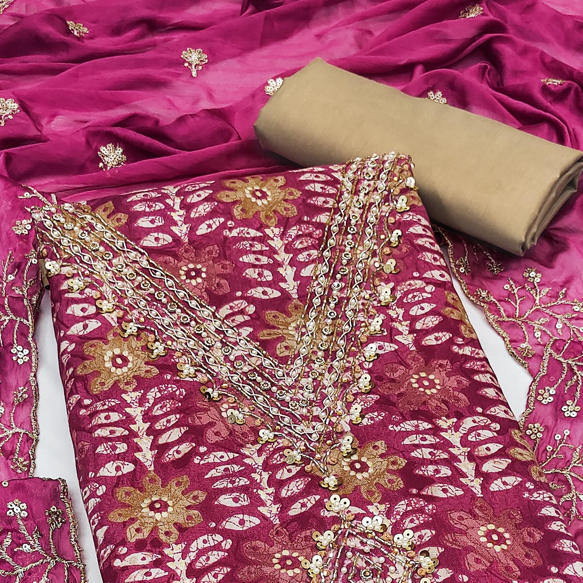 Dark Magenta Floral Printed With Handwork Pure Cotton Dress Material