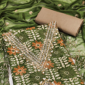 Green Floral Printed With Handwork Pure Cotton Dress Material