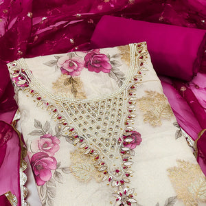 Pink Floral Digital Printed With Handwork Viscose Banarasi Dress Material