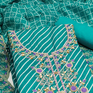Rama Green Striped Digital Printed With Handwork Muslin Dress Material