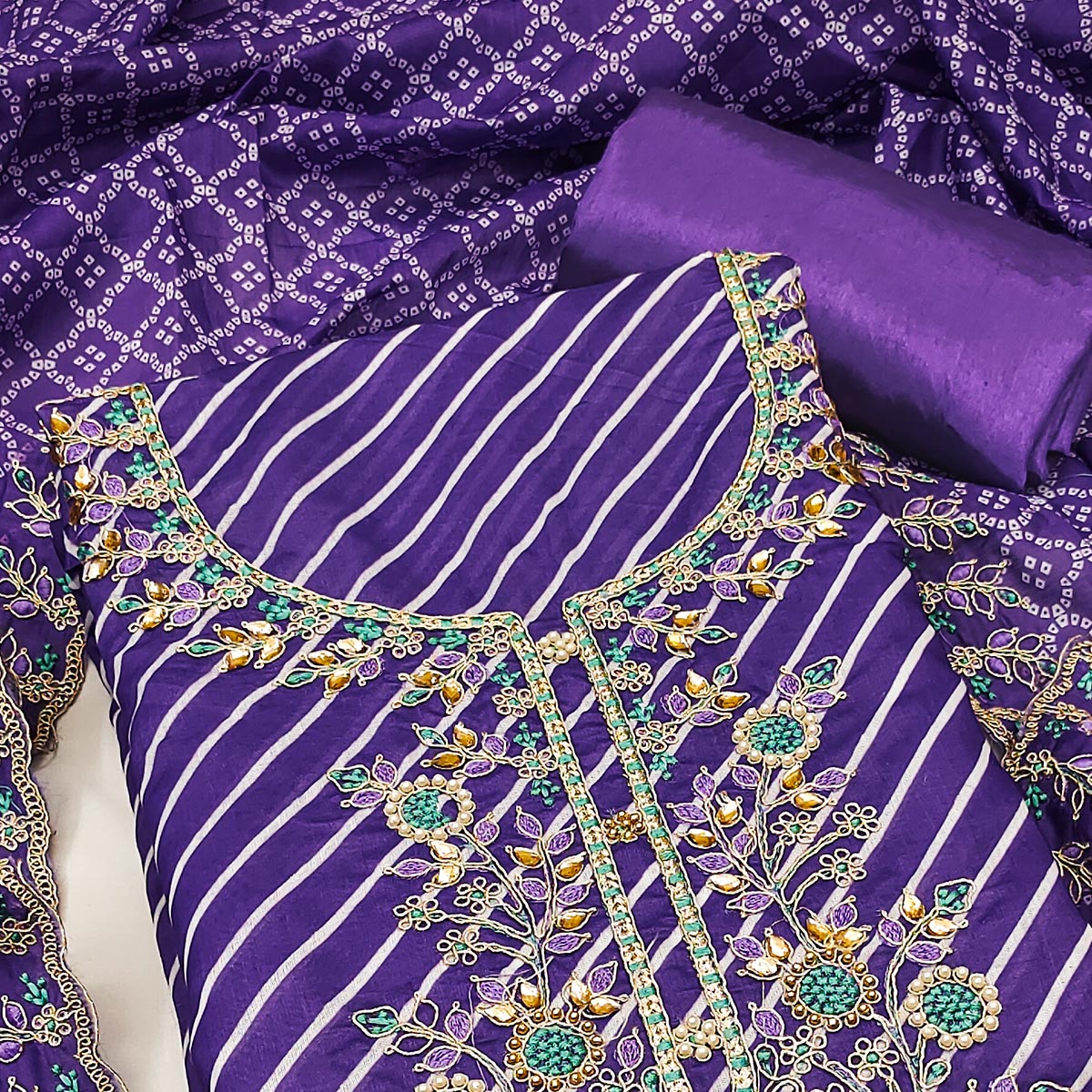 Violet Striped Digital Printed With Handwork Muslin Dress Material