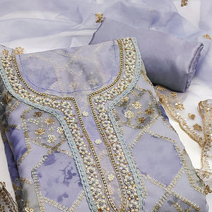 Lavender Floral Sequins Embroidery With Handwork Organza Dress Material