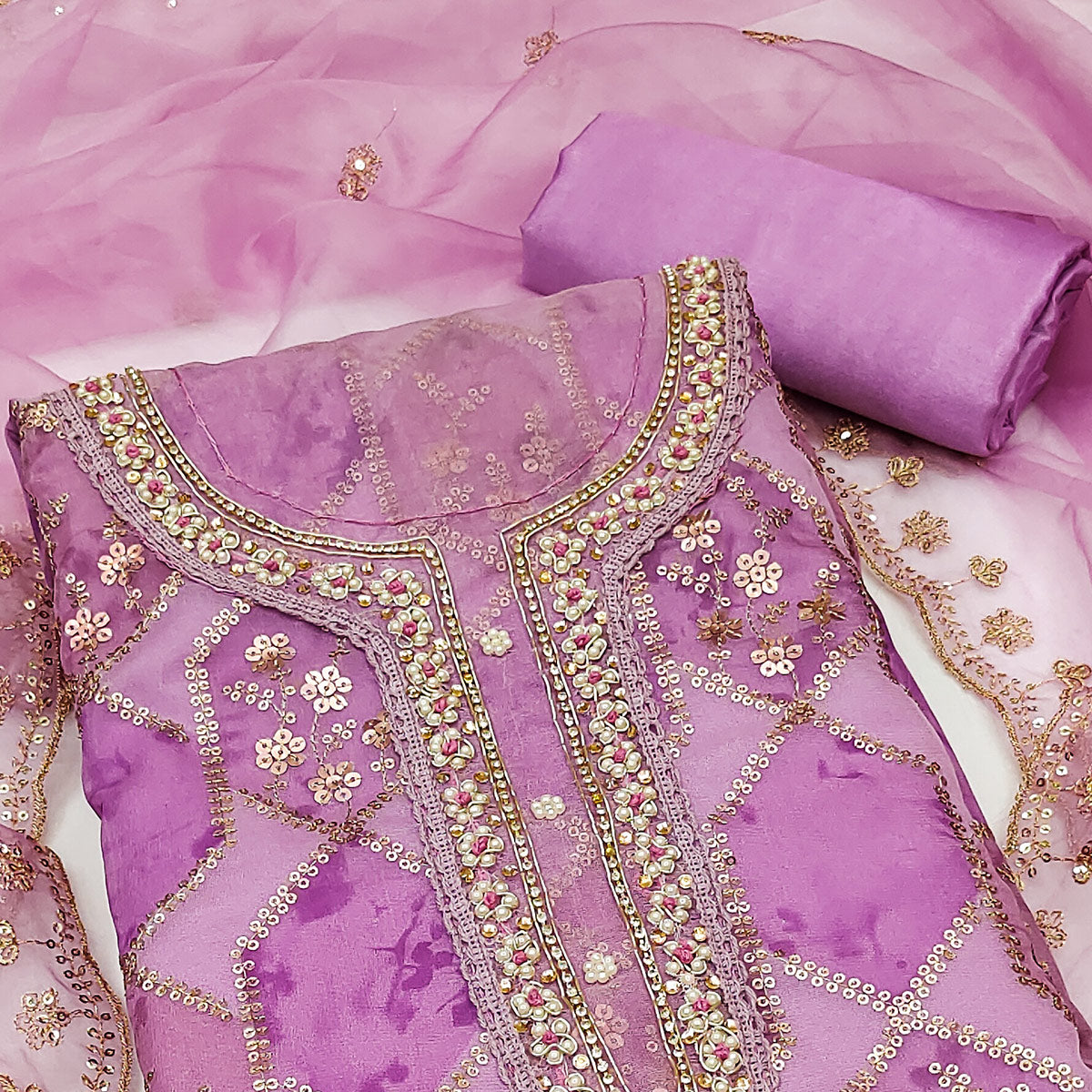 Purple Floral Sequins Embroidery With Handwork Organza Dress Material