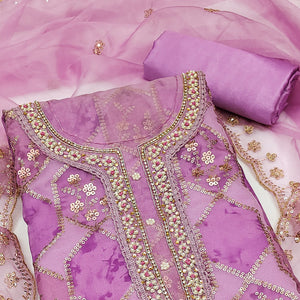 Purple Floral Sequins Embroidery With Handwork Organza Dress Material