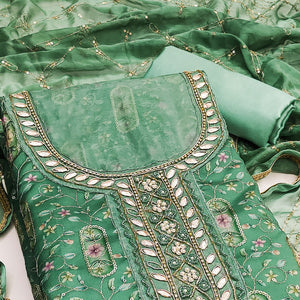 Green Floral Sequins Embroidery With Handwork Organza Dress Material