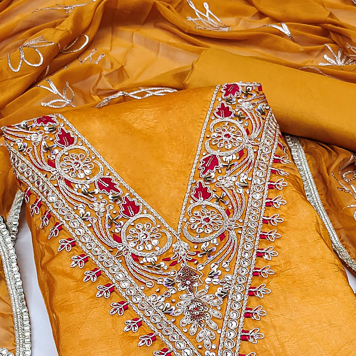 Mustard Sequins Embroidery With Handwork Viscose Golden Crush Dress Material