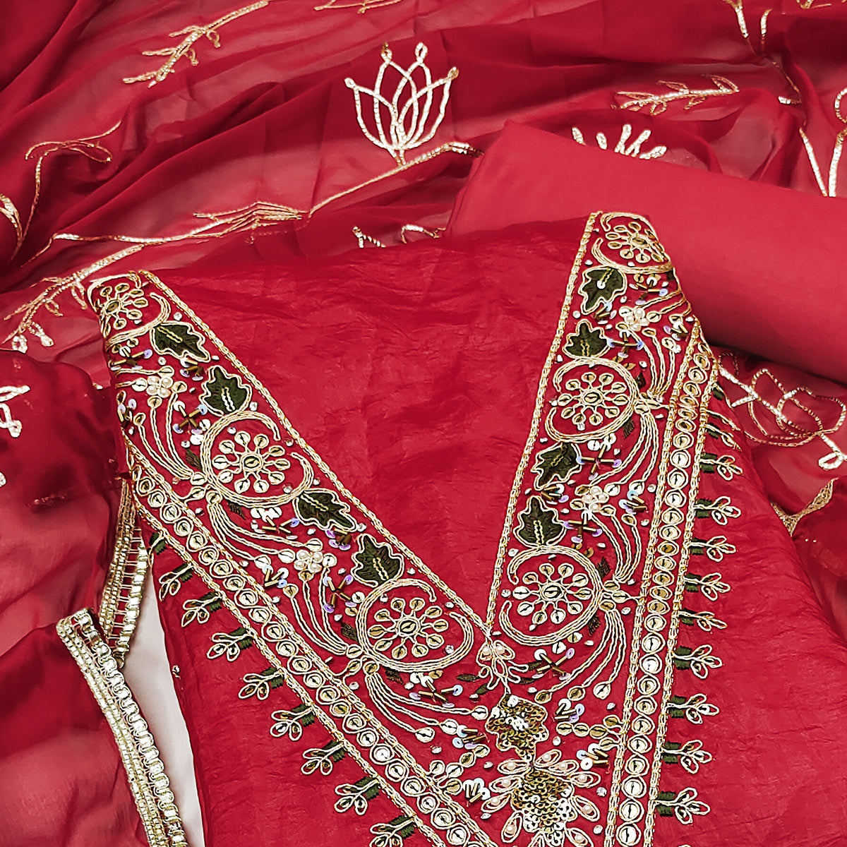 Red Sequins Embroidery With Handwork Viscose Golden Crush Dress Material