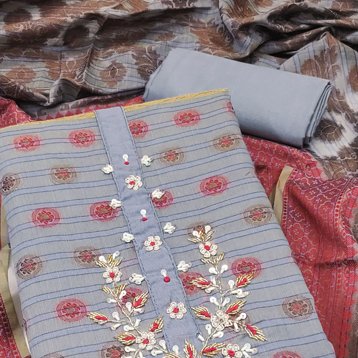 Grey Floral Woven With Handwork Banarasi Silk Dress Material