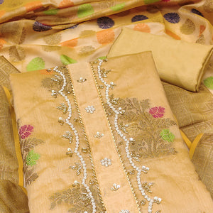 Chikoo Floral Woven With Handwork Banarasi Silk Dress Material