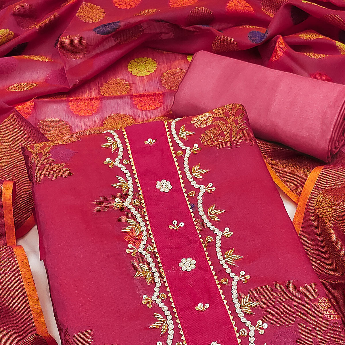 Pink Floral Woven With Handwork Banarasi Silk Dress Material
