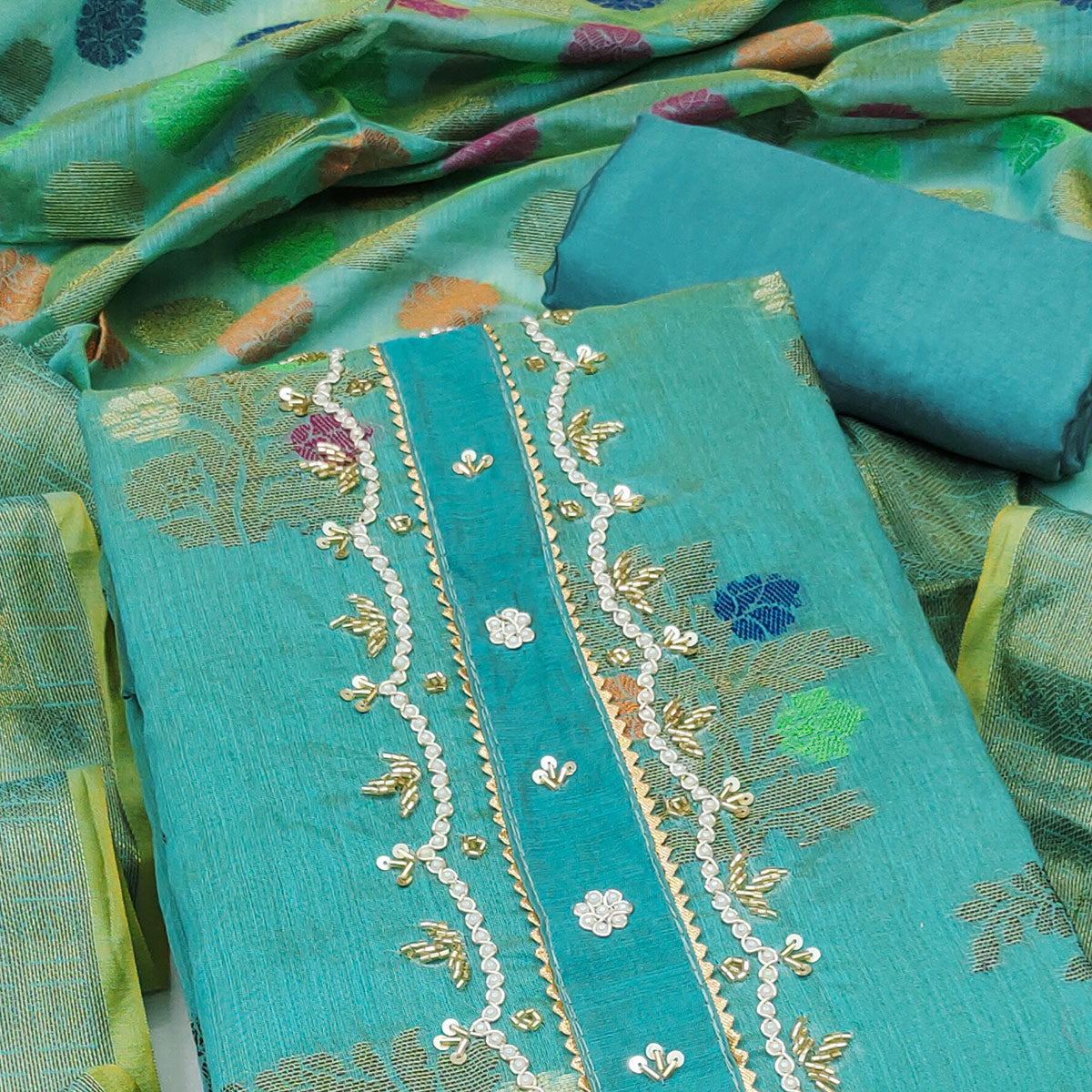 Turquoise Floral Woven With Handwork Banarasi Silk Dress Material