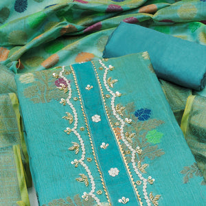 Turquoise Floral Woven With Handwork Banarasi Silk Dress Material