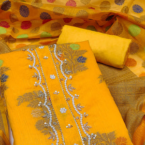 Yellow Floral Woven With Handwork Banarasi Silk Dress Material